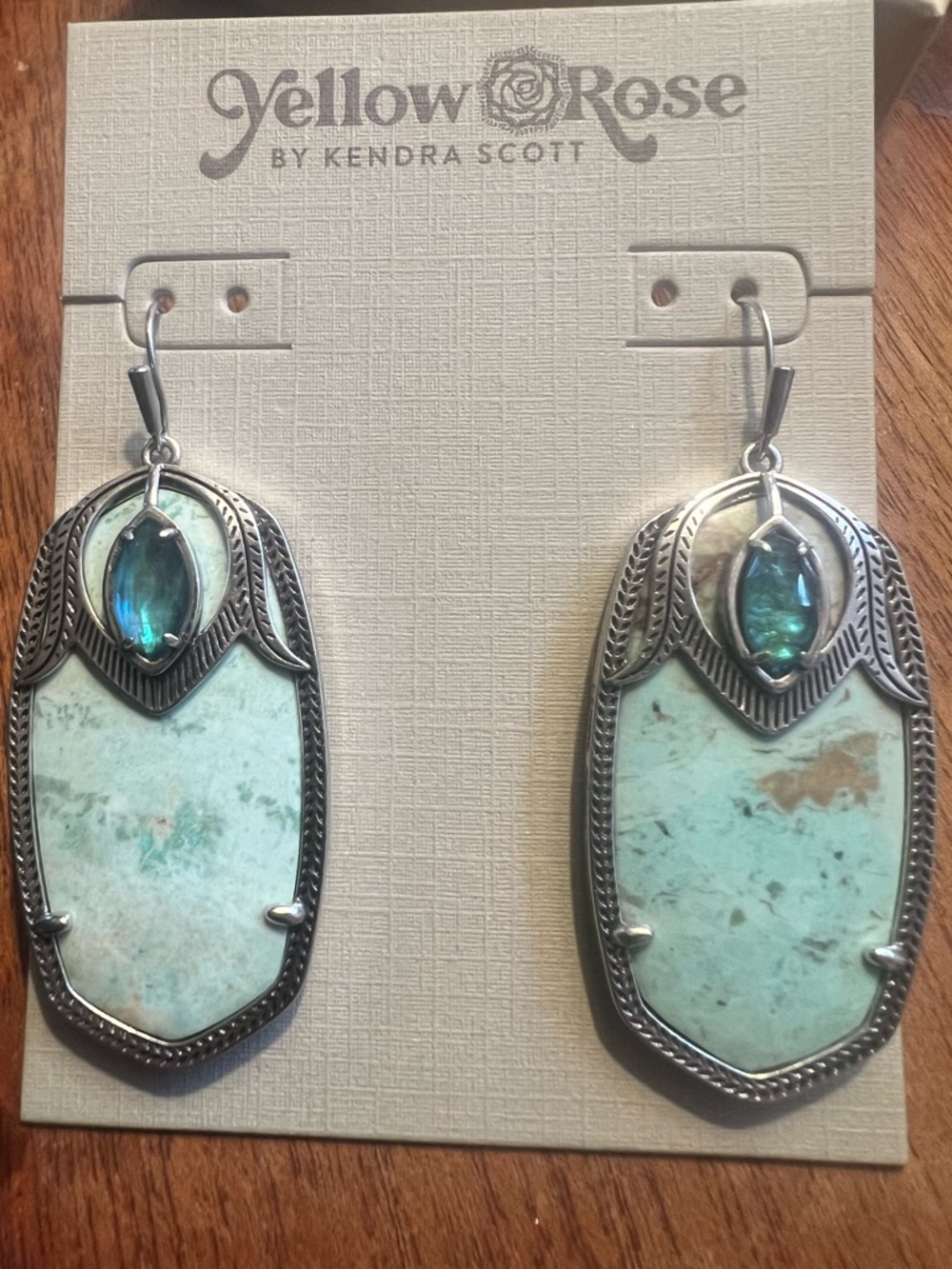 Kendra Scott Darby earrings in sea green and London blue in vintage silver frame
